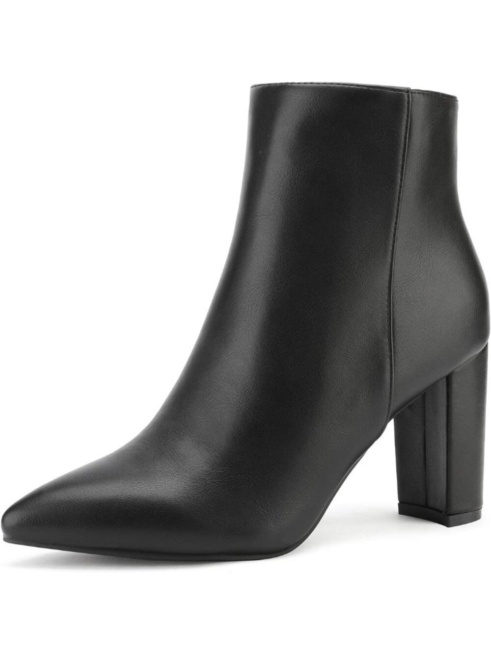 Women's Black Chunky Heel Short Boot Ankle Pointed Toe Rubber Sole Side Zipper